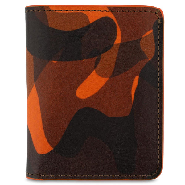 Orange camouflage leather slim wallet. Handmade in Portugal from Italian vegetable tanned leather. With ESCUYER branding inside. Camouflage-patterned wallet with brown, black, and orange colors.