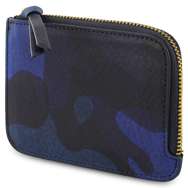 Blue camouflage wallet with gold zipper, handmade in Portugal from Italian vegetable leather goods