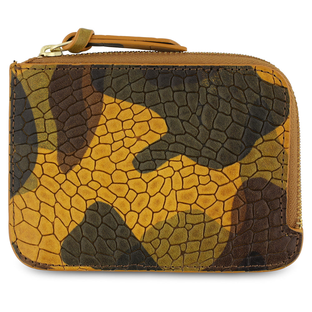 Camouflage-patterned wallet with a textured surface and a zip