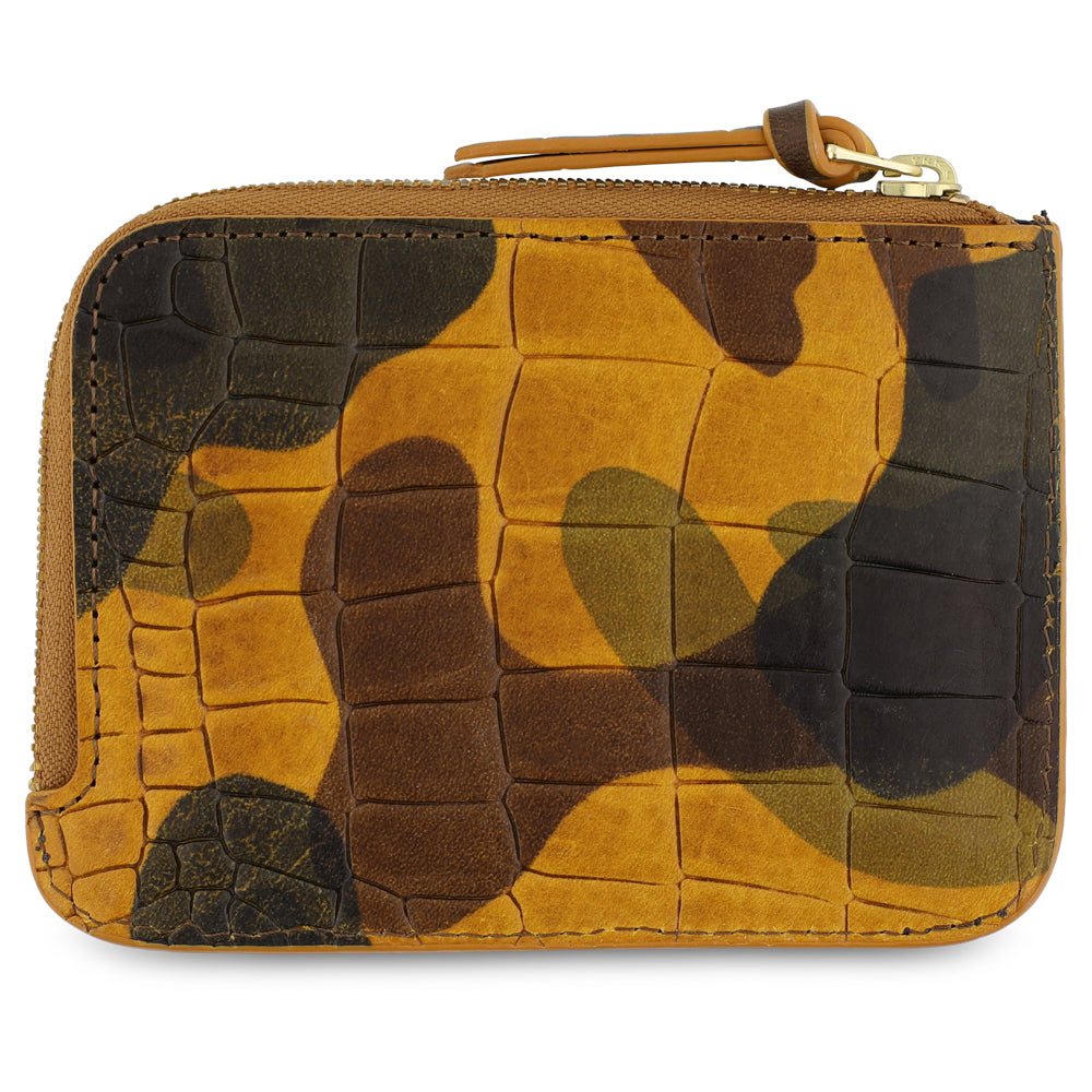 Camouflage-patterned wallet with a zipper on a white background