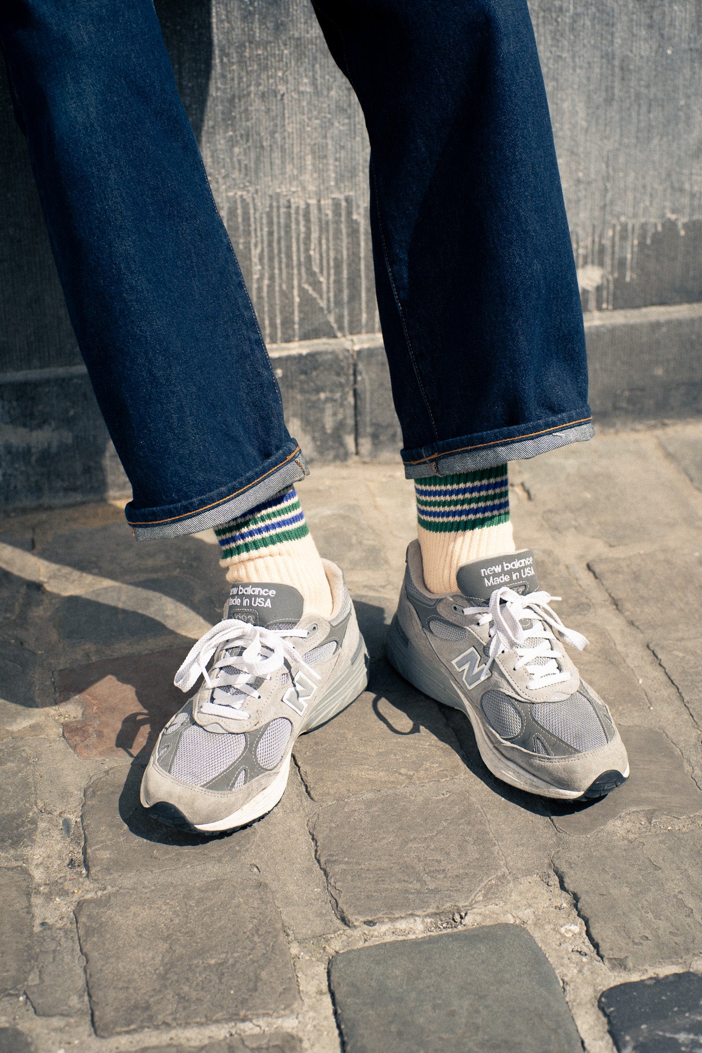 Escuyer Women's striped socks worn with New Balance sneakers — 5 Stripes collection, made in Portugal