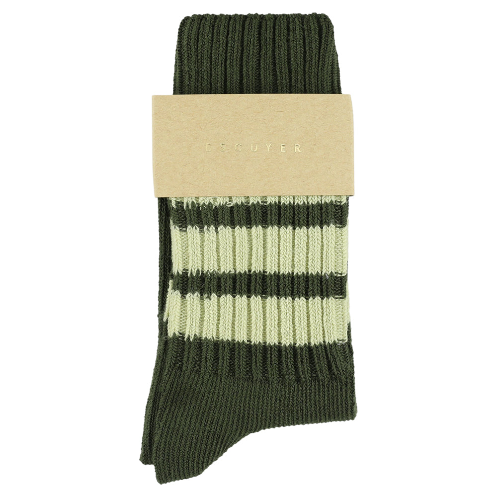 Women's striped crew socks in green and light green, slub cotton, made in Portugal by Escuyer