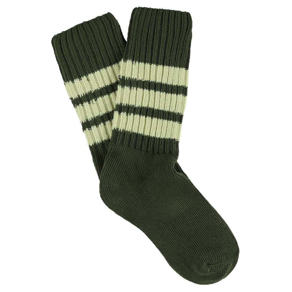 Women's striped crew socks in green and light green, slub cotton, made in Portugal by Escuyer