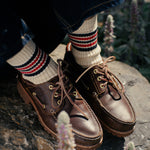 Escuyer Men's 5 Stripes Socks ecru blue red worn with Timberland boots — hand-linked toe, made in Portugal