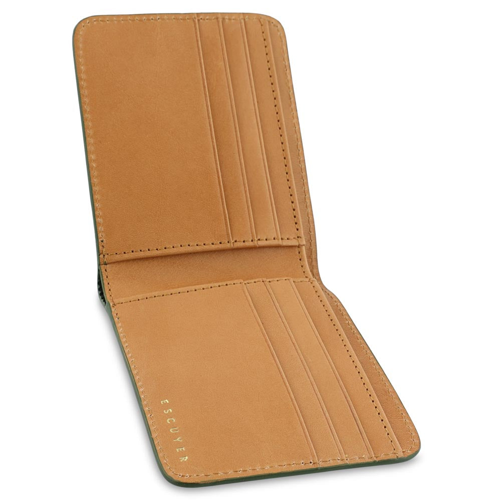 Escuyer jungle green billfold wallet showing bill sleeve in natural leather interior