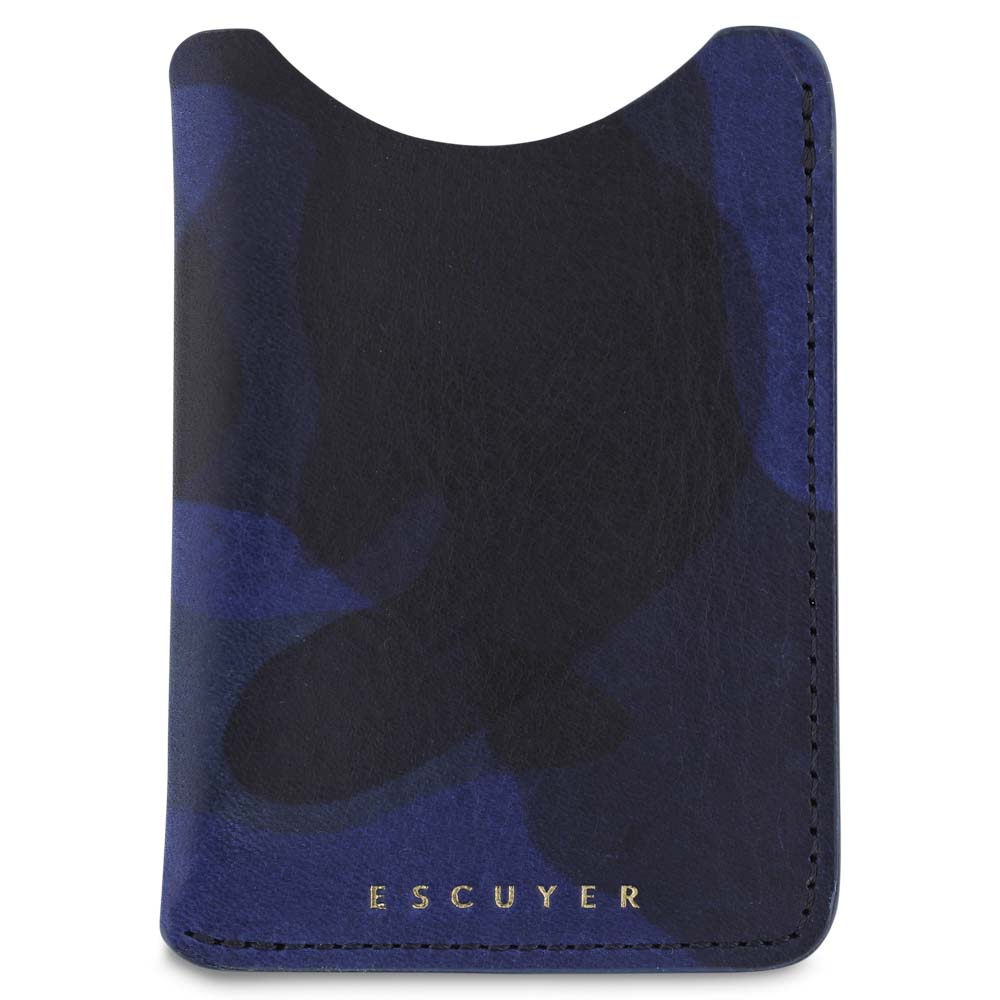 Escuyer blue camouflage card sleeve — thinnest leather wallet, hand-dyed Italian veg-tan, front view
