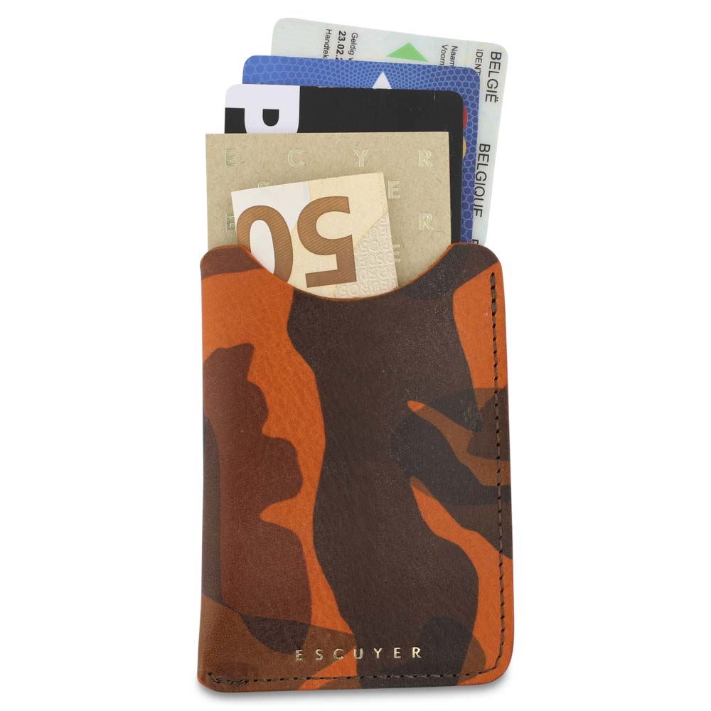 Escuyer card sleeve loaded with cards — open sleeve holds up to 8 cards and folded bills, slides in from top