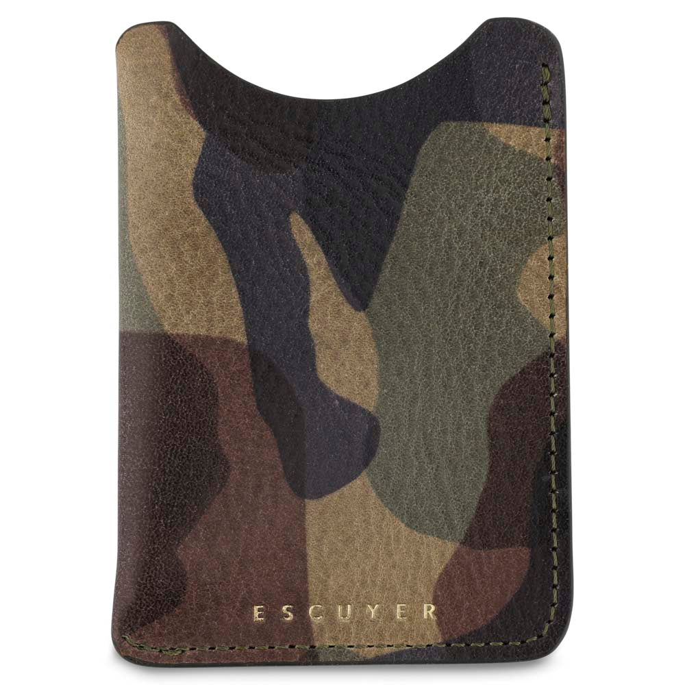 Escuyer military camouflage card sleeve — thinnest leather wallet, hand-dyed Italian veg-tan, front view