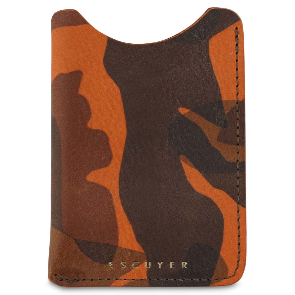 Escuyer orange camouflage card sleeve — thinnest leather wallet, hand-dyed Italian veg-tan, front view