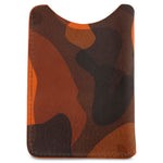 Escuyer orange camouflage leather card sleeve showing hand-dyed burnt orange and brown camo pattern
