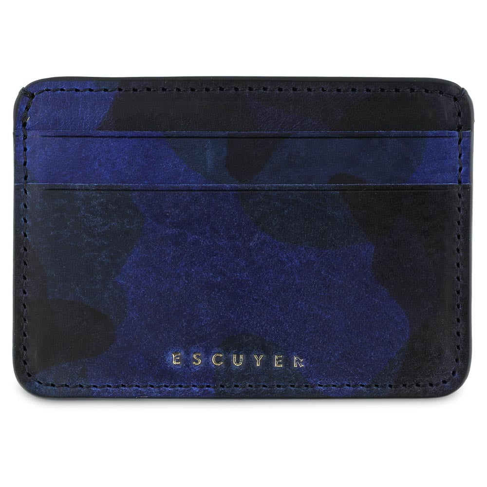 Escuyer blue camouflage leather cardholder — hand-dyed Italian veg-tan leather, front view