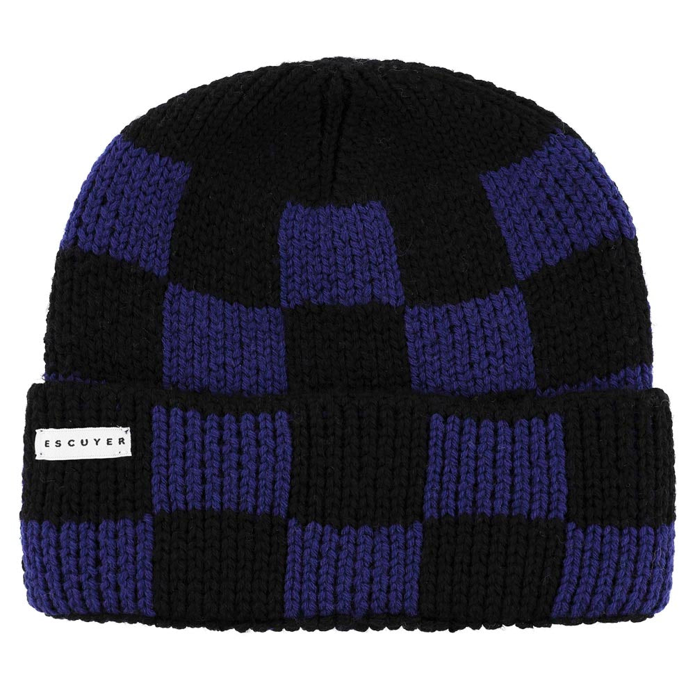 Warm Checkered Merino Wool Beanie Black / Blue