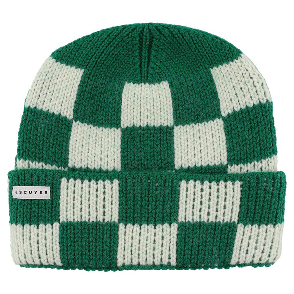 Green and cream checkered merino wool beanie by Escuyer
