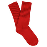 Women's ribbed crew socks in bright red, slub cotton, made in Portugal by Escuyer