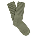 Women's ribbed crew socks in light khaki, slub cotton, made in Portugal by Escuyer
