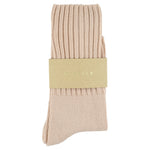 Women's ribbed crew socks in light pink, slub cotton, made in Portugal by Escuyer
