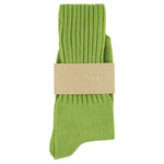 Women's ribbed crew socks in wood green, slub cotton, made in Portugal by Escuyer