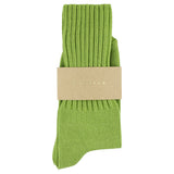 Women's ribbed crew socks in wood green, slub cotton, made in Portugal by Escuyer