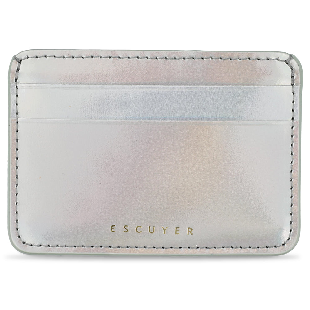 Escuyer iridescent silver leather cardholder — handmade vegetable tanned leather, front view