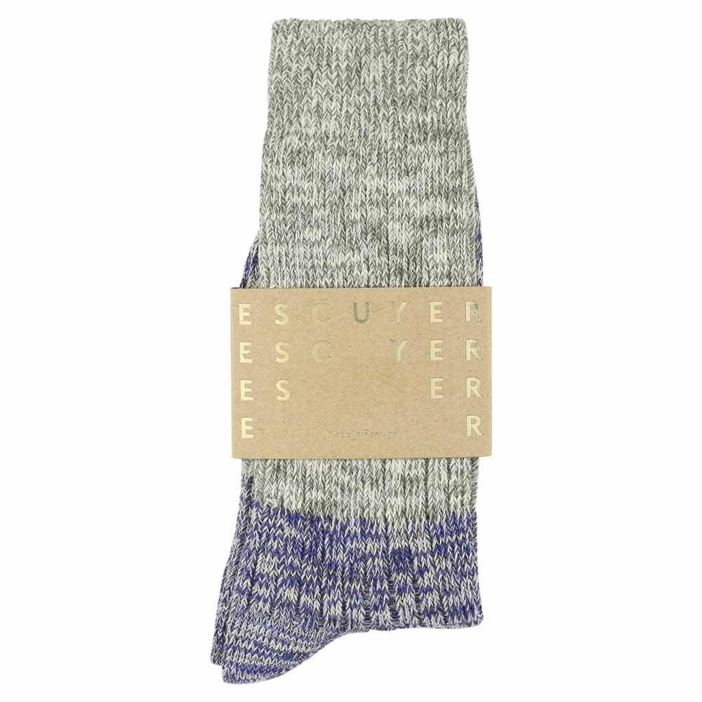 Escuyer light grey and bright blue colour-blocked crew socks, made in Portugal