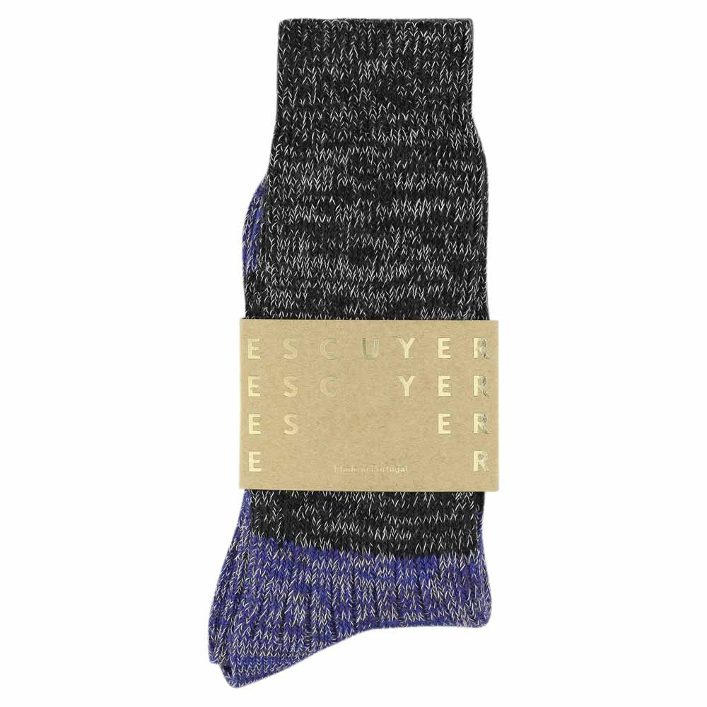 Escuyer off-black and bright blue colour-blocked crew socks, made in Portugal