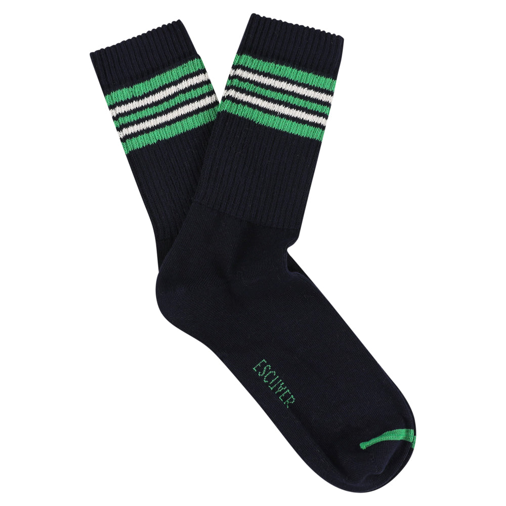 Escuyer Men's 5 Stripes Socks in blue, bright green and ecru — vintage athletics design, knitted on vintage machines in Portugal