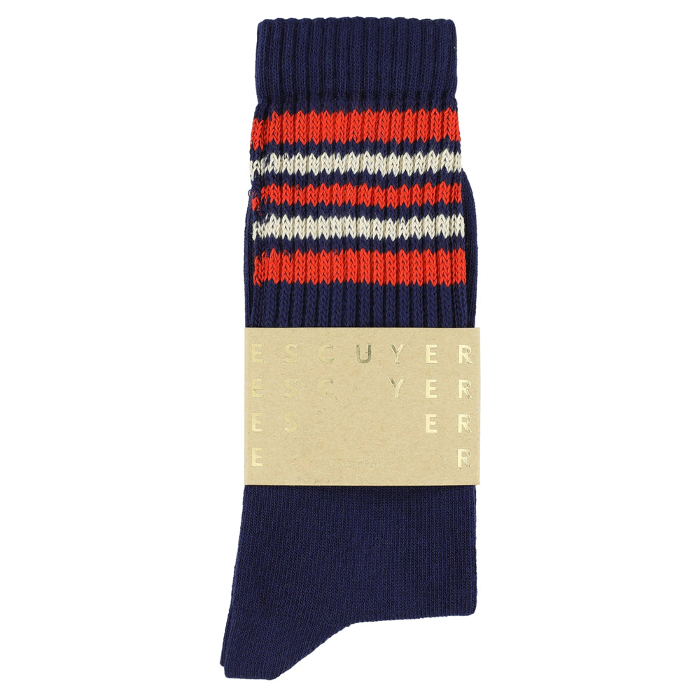 Escuyer Men's 5 Stripes Socks blue orange ecru — hand-linked toe, soft Italian cotton yarn, made in Portugal