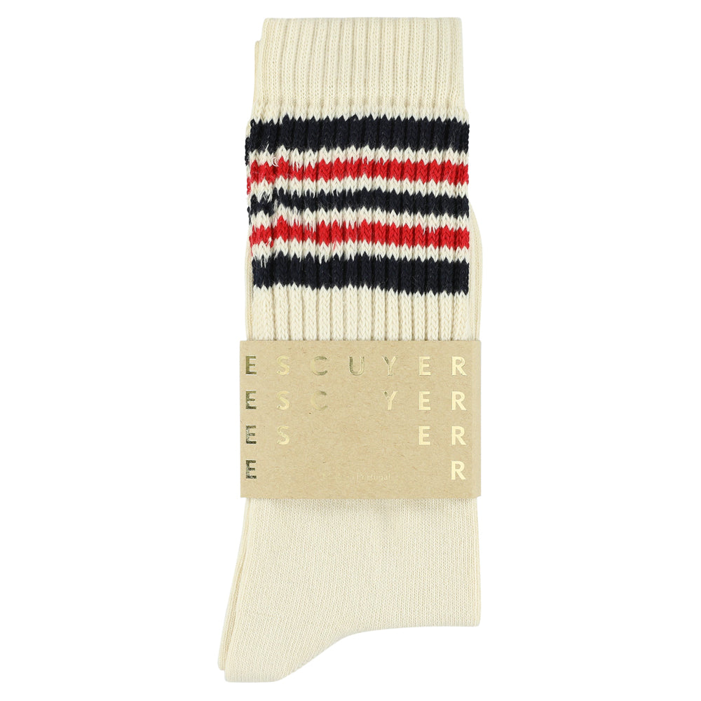 Escuyer Men's 5 Stripes Socks ecru blue red — hand-linked toe, soft Italian cotton yarn, made in Portugal