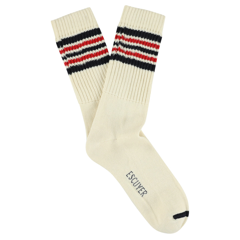 Escuyer Men's 5 Stripes Socks in ecru, blue and red — vintage athletics design, knitted on vintage machines in Portugal