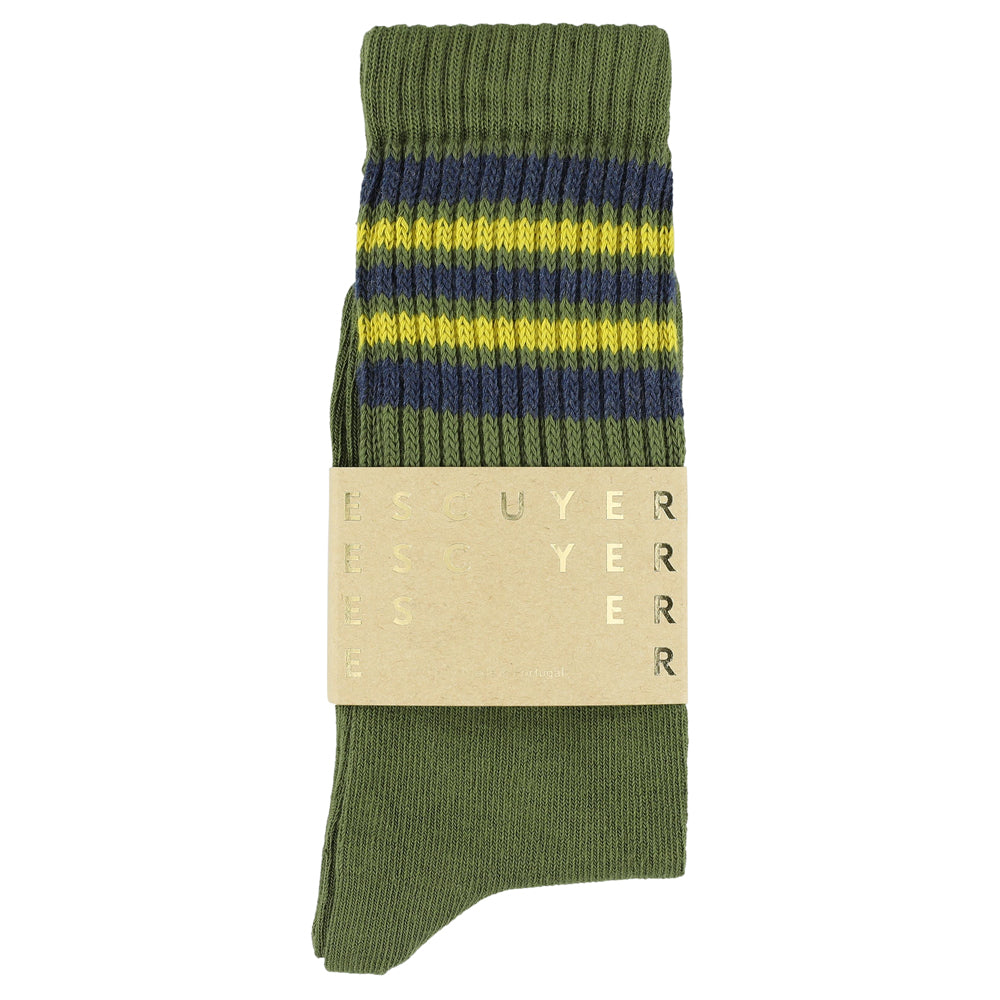 Escuyer Men's 5 Stripes Socks khaki blue yellow — hand-linked toe, soft Italian cotton yarn, made in Portugal