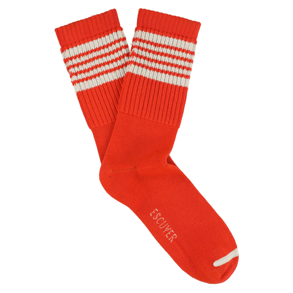 Escuyer Men's 5 Stripes Socks in orange and ecru — vintage athletics design, knitted on vintage machines in Portugal