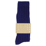 Close-up of Escuyer Bold Blue cashmere crew socks showing soft knit texture — 10% cashmere, 38% virgin wool, GRS certified recycled polyamide