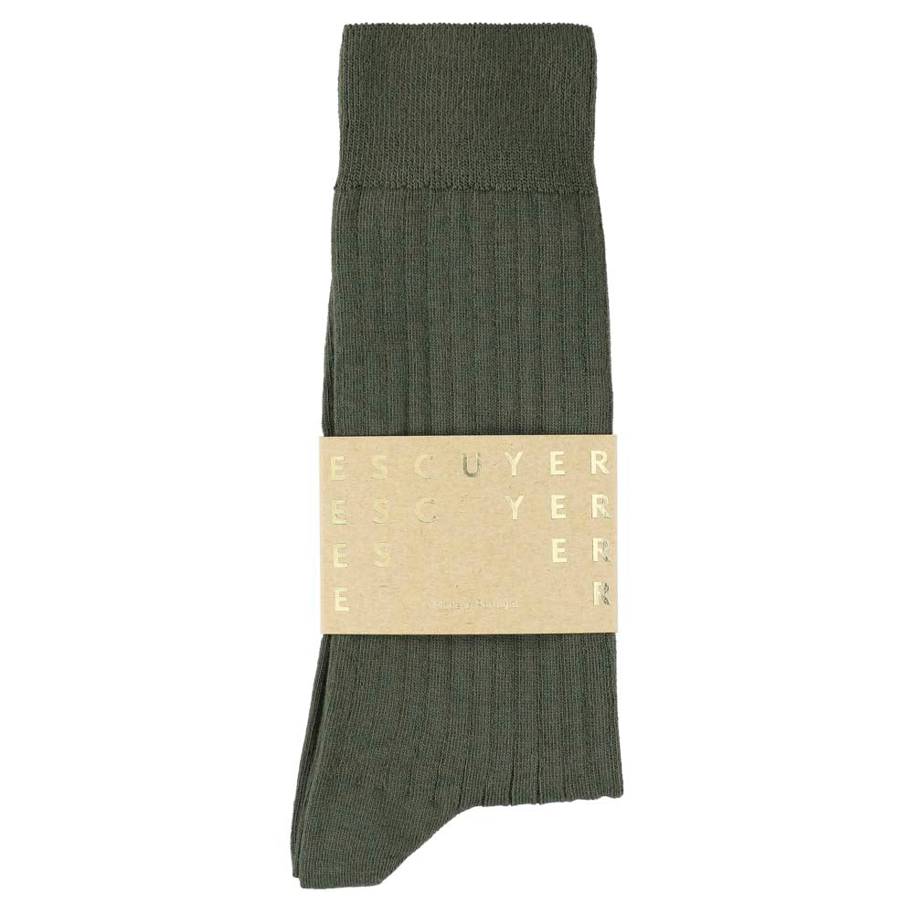 Escuyer Men Classic Ribbed Socks in Dark Green – label detail, made in Portugal