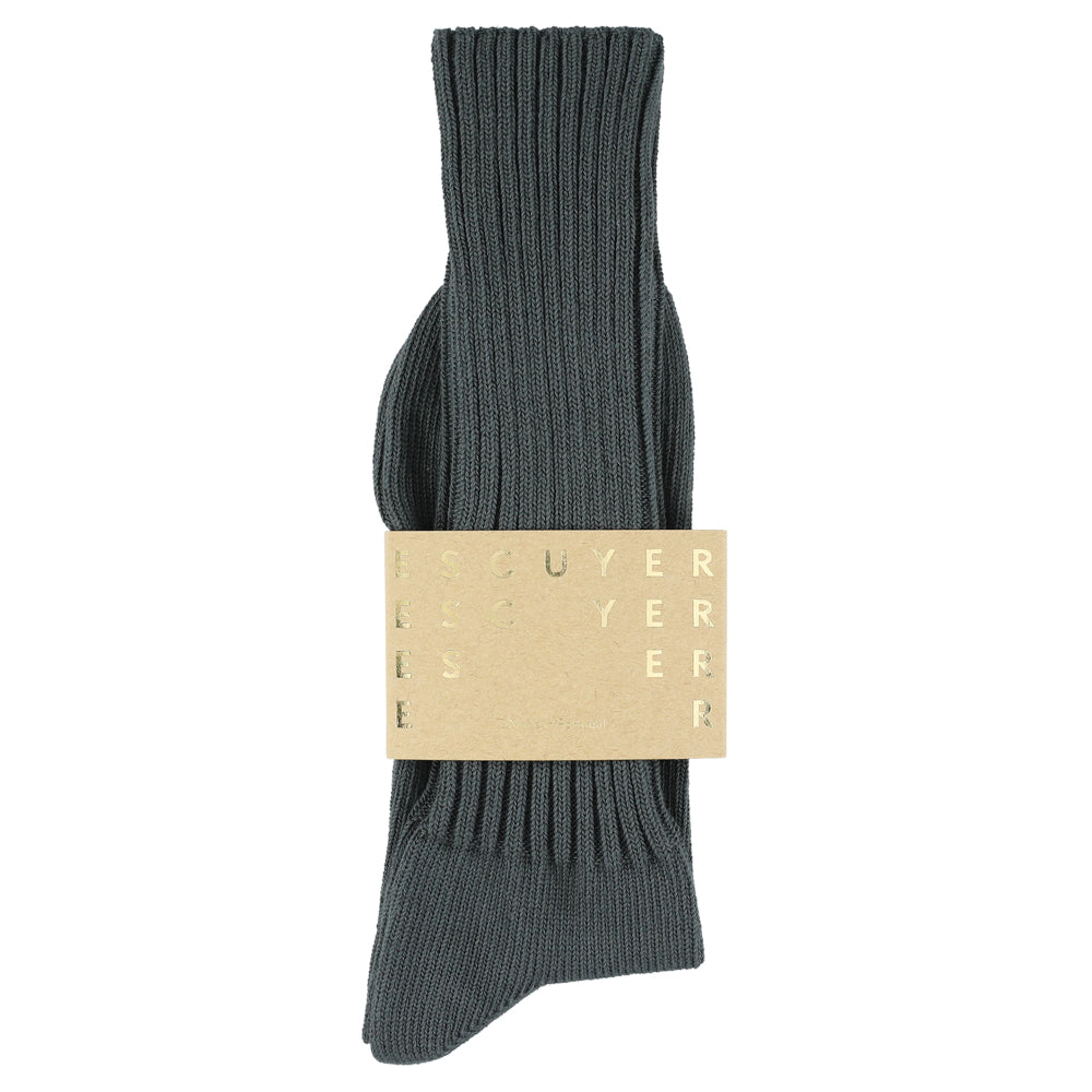 Men's ribbed crew socks in blue grey, slub cotton, made in Portugal by Escuyer