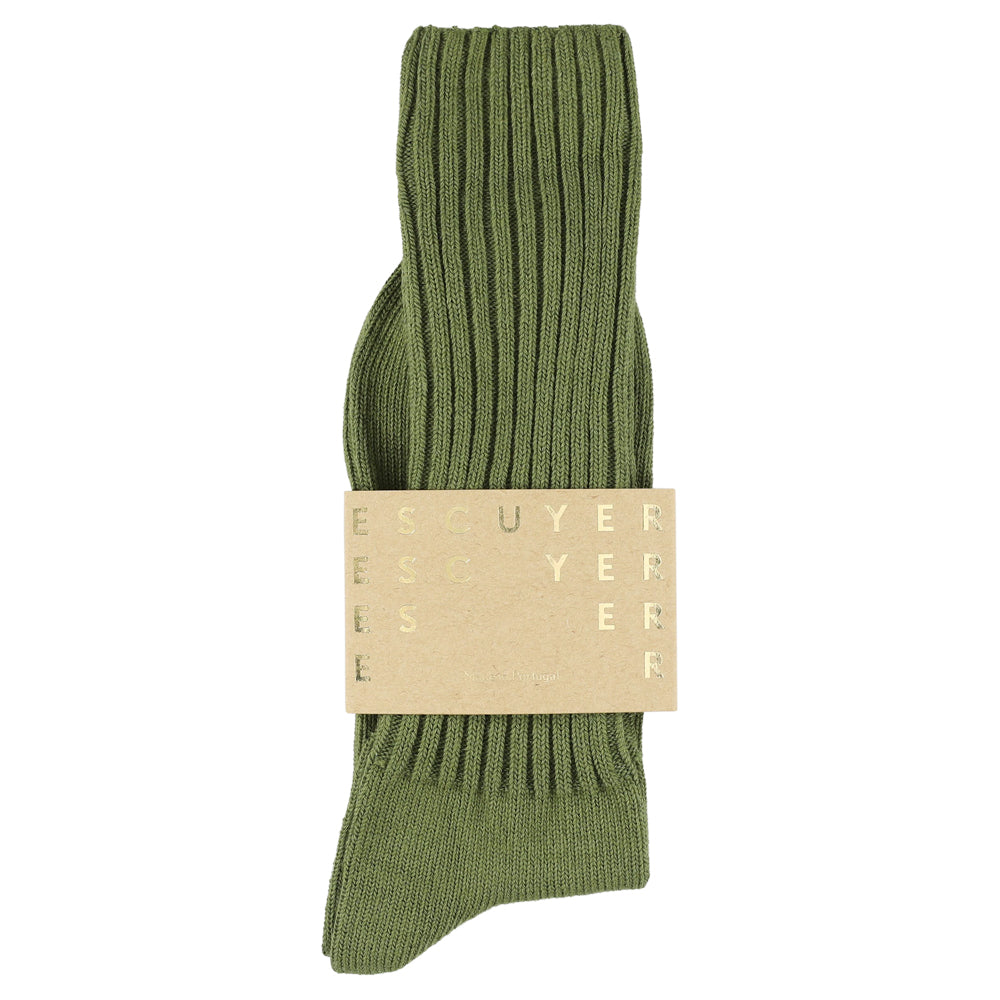 Men's ribbed crew socks in capulet olive, slub cotton, made in Portugal by Escuyer