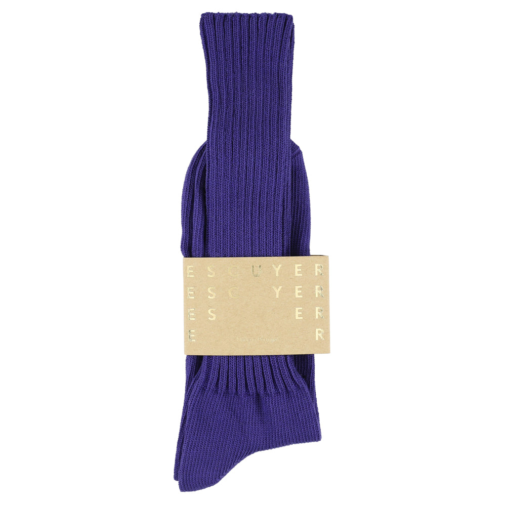 Men's ribbed crew socks in purple blue, slub cotton, made in Portugal by Escuyer