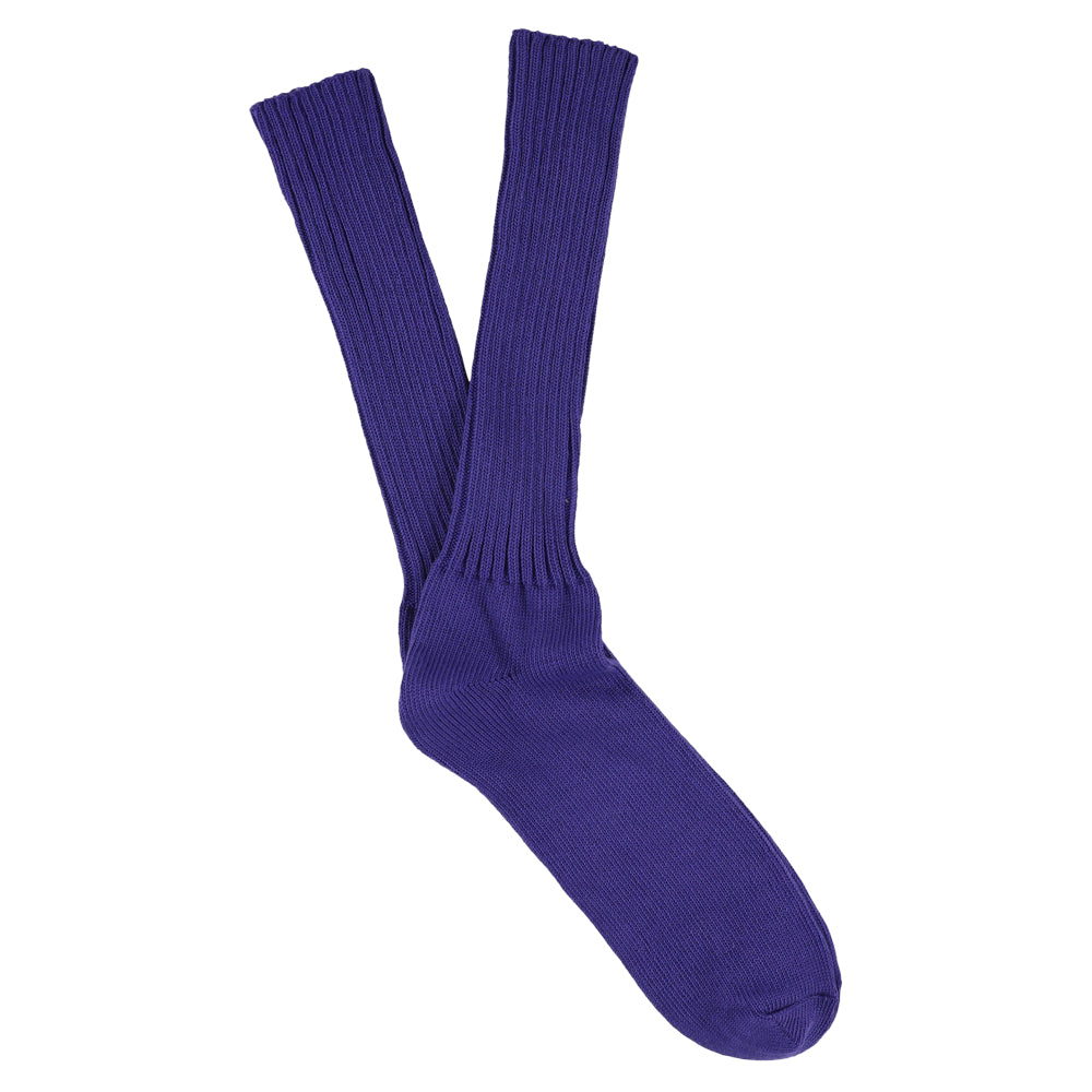 Men's ribbed crew socks in purple blue, slub cotton, made in Portugal by Escuyer