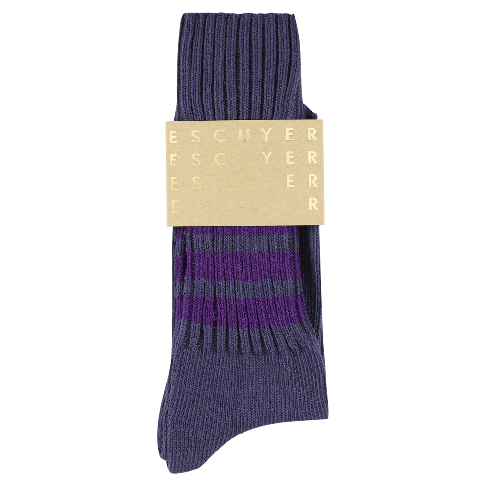 Navy sock with purple and gray pattern on a white background, featuring 'ESCUYER' branding.