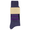 Navy sock with purple and gray pattern on a white background, featuring 'ESCUYER' branding.