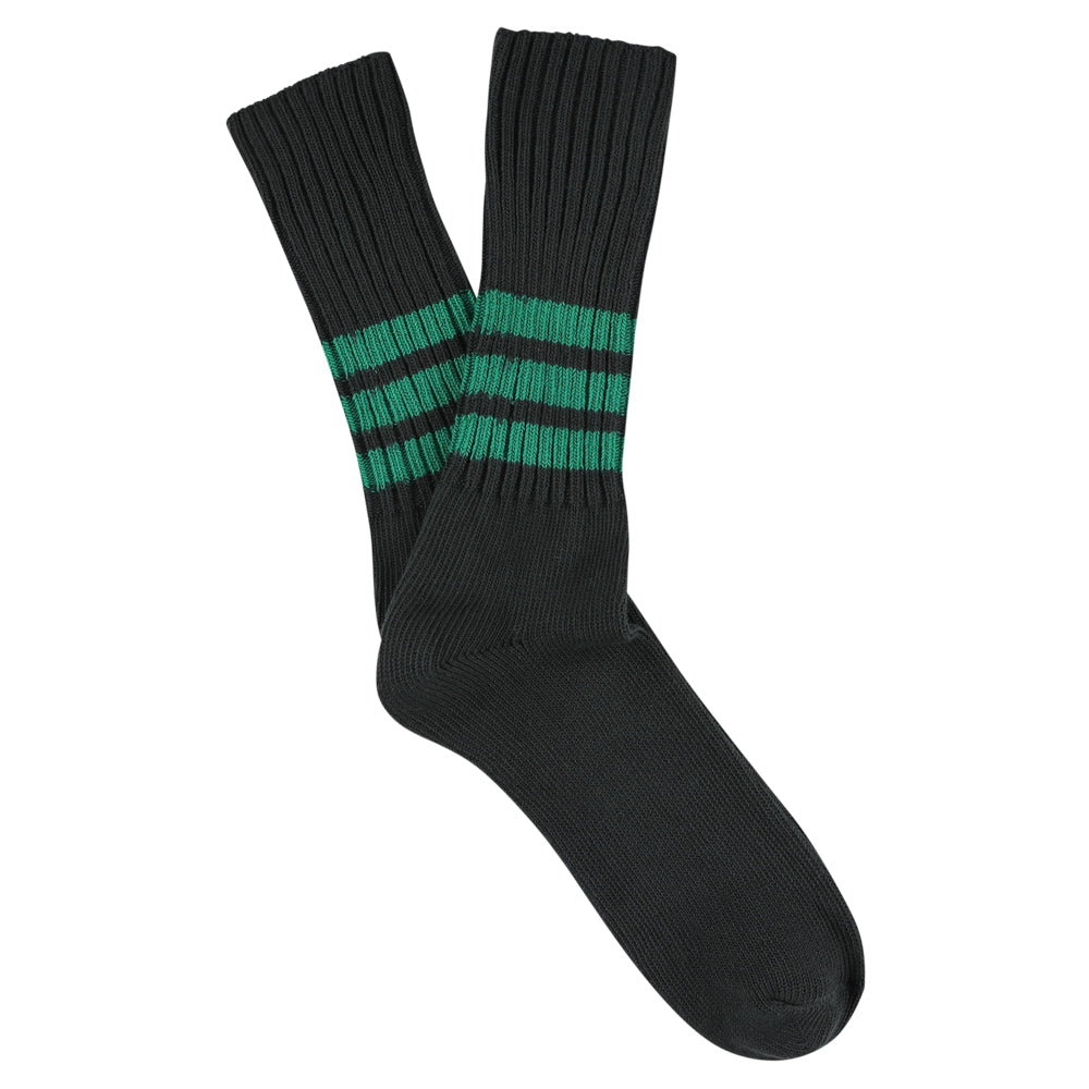 Black socks with green stripes on a white background