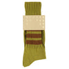 Green sock with brown stripes and 'ESCUYER' label on a white background