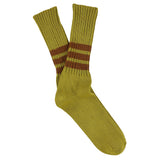 Men's striped crew socks in olive and brown, slub cotton, made in Portugal by Escuyer