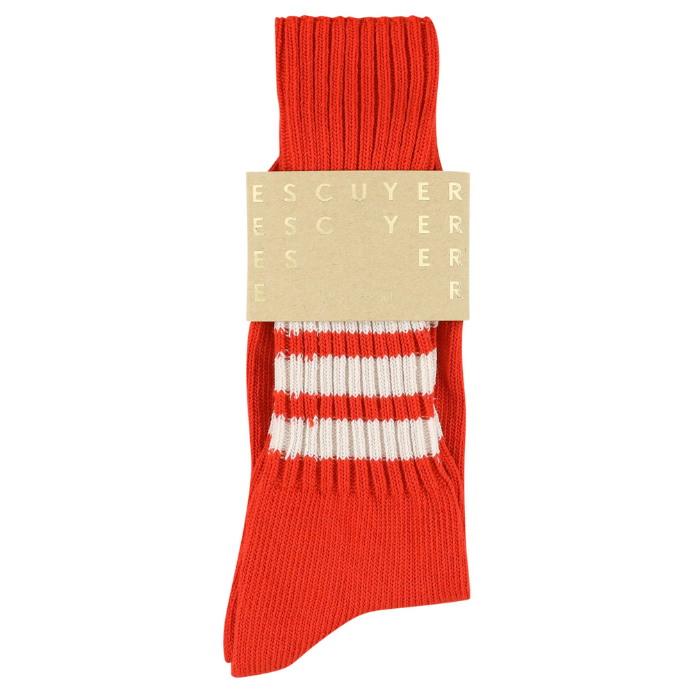 Men's striped crew socks in orange and ecru, slub cotton, made in Portugal by Escuyer