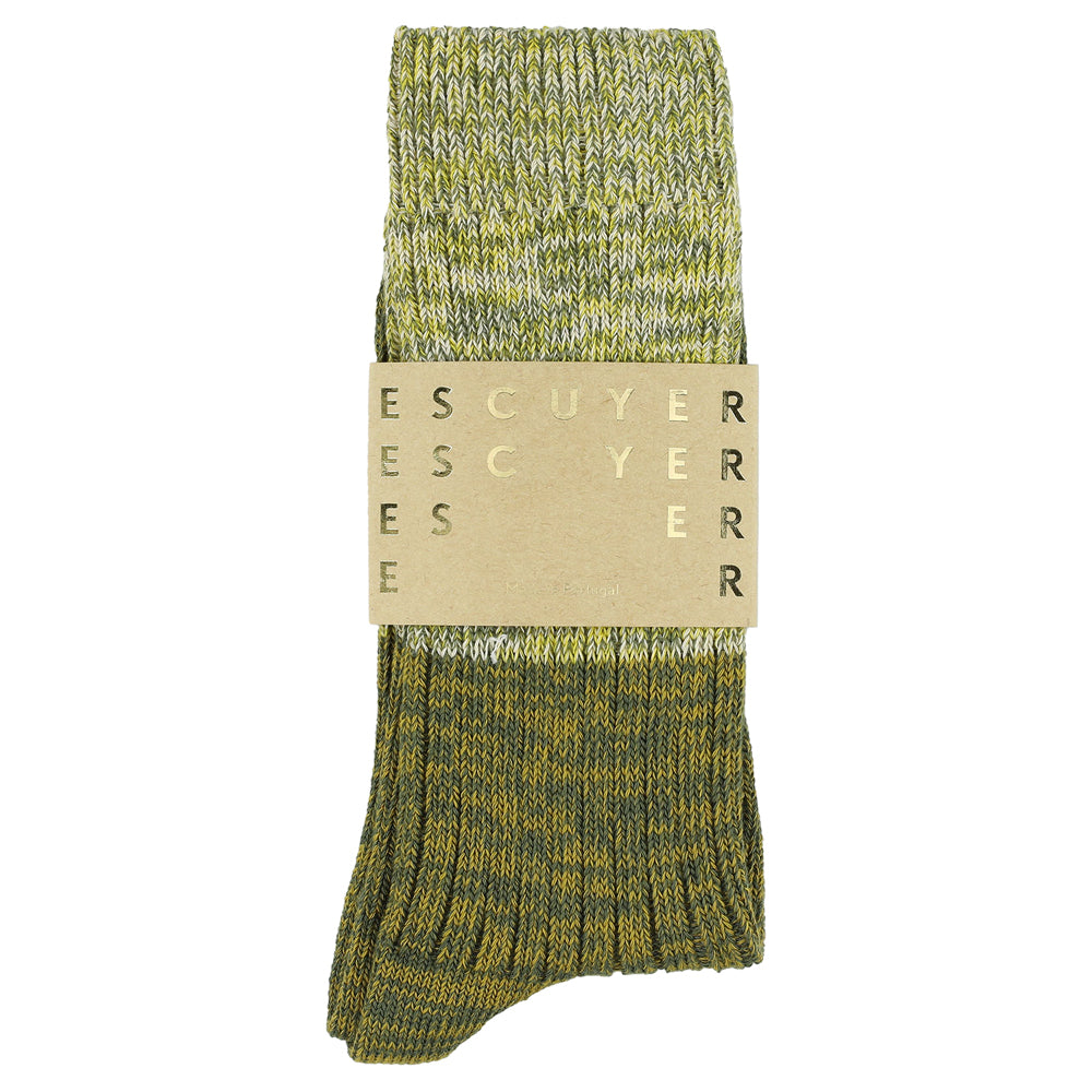 Escuyer green and gold colour-blocked crew socks, made in Portugal