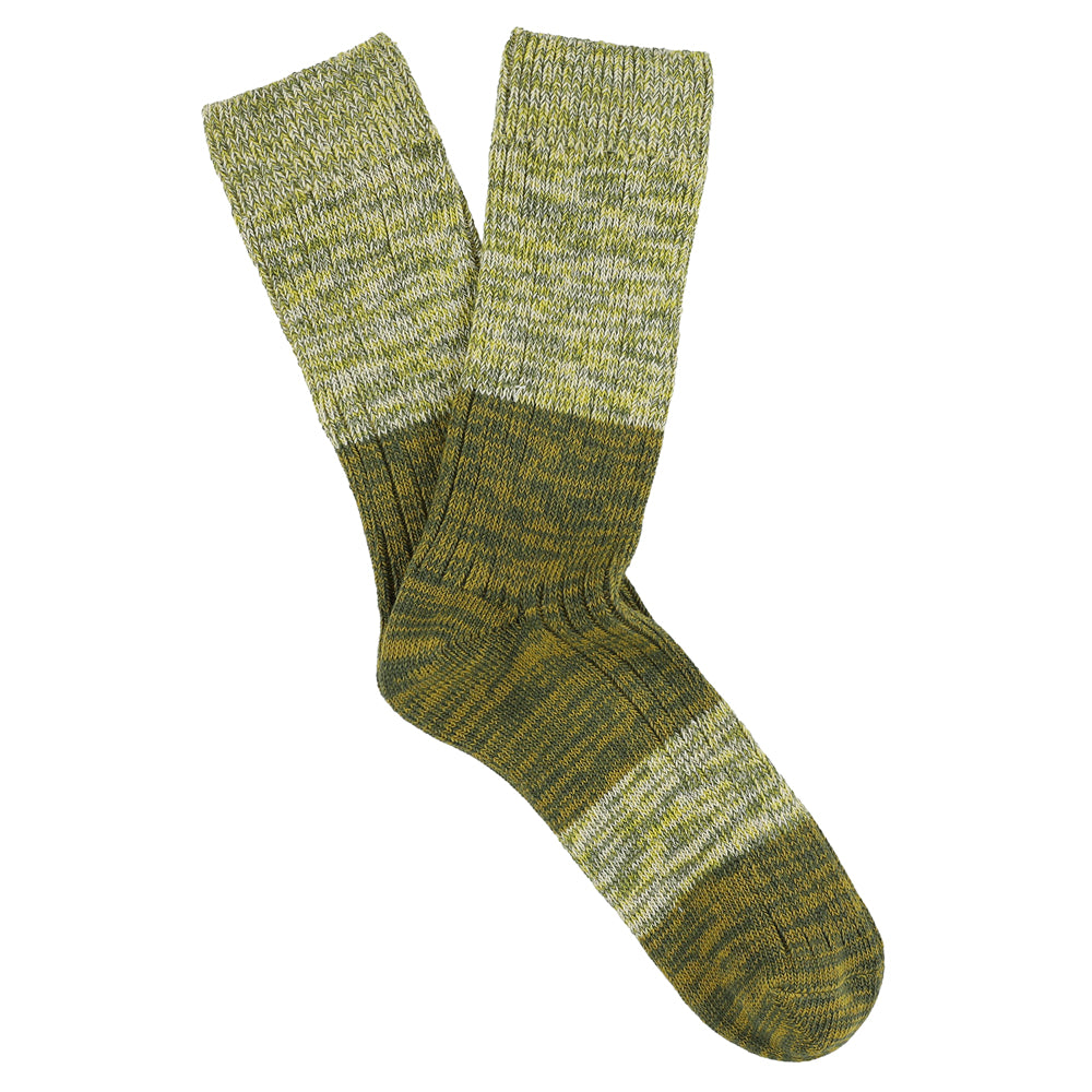 Green and gold colour-block melange socks by Escuyer, combed cotton, made in Portugal