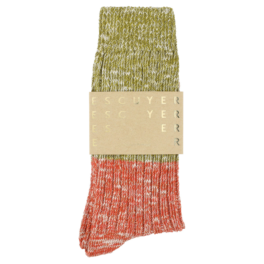 Escuyer green and orange colour-blocked crew socks, made in Portugal