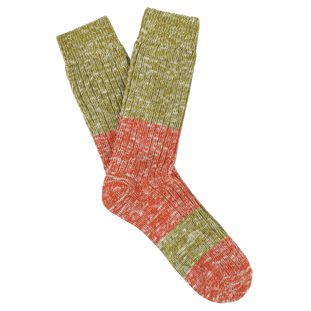 Green and orange colour-block melange socks by Escuyer, combed cotton, made in Portugal