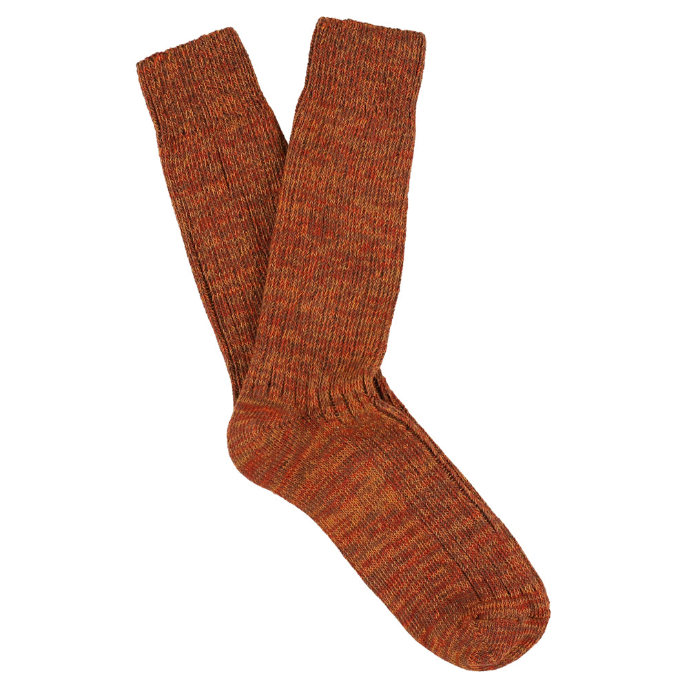 Brick melange crew socks by Escuyer, slub-knit combed cotton