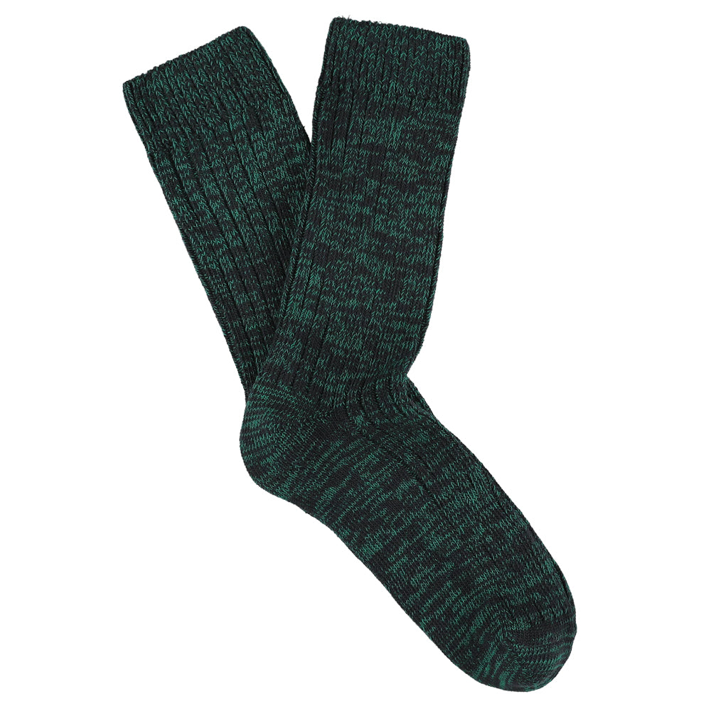 Off-black and green melange crew socks by Escuyer, slub-knit combed cotton