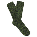 Off-black melange crew socks with green flash by Escuyer, slub-knit combed cotton